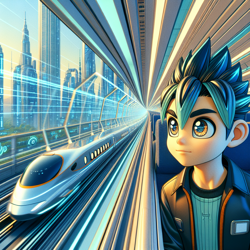 sticker-An anime character aboard a high-tech bullet train with futuristic landscapes outside-anime stickers-1733082369562